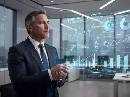 Ein fitter Manager in einem modernen Büro betrachtet eine holografische Datenprojektion, die mentale Klarheit und Vitalität symbolisiert. - Foto: über boerse-global.de