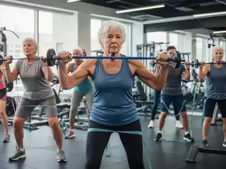 Senioren trainieren in einem modernen Fitnessstudio, heben leichte Gewichte und nutzen Widerstandsbänder. - Foto: über boerse-global.de