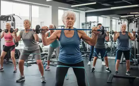 Senioren trainieren in einem modernen Fitnessstudio, heben leichte Gewichte und nutzen Widerstandsbänder. - Foto: über boerse-global.de
