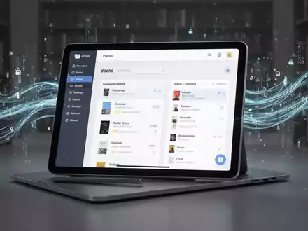 Tablet mit moderner E-Book-Verwaltungsoberfläche, Seitenleiste und Cover-Raster, Symbol für digitale Bibliotheken und Software-Updates. - Foto: über boerse-global.de