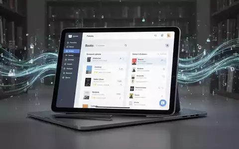 Tablet mit moderner E-Book-Verwaltungsoberfläche, Seitenleiste und Cover-Raster, Symbol für digitale Bibliotheken und Software-Updates. - Foto: über boerse-global.de