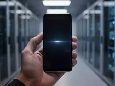 Eine Hand hält ein Samsung Galaxy S8 oder Note 8 Smartphone, dessen Bildschirm sanft vor einem unscharfen Tech-Hintergrund leuchtet. - Foto: über boerse-global.de