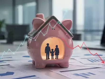 Ein stilisiertes Sparschwein in Hausform mit Familiensilhouette, überlagert von einem Abwärtstrend-Diagramm, vor einem Bürohintergrund. - Foto: über boerse-global.de
