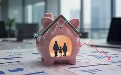 Ein stilisiertes Sparschwein in Hausform mit Familiensilhouette, überlagert von einem Abwärtstrend-Diagramm, vor einem Bürohintergrund. - Foto: über boerse-global.de