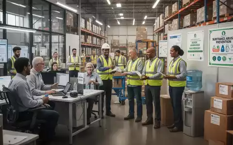Mitarbeiter in Büro und Lager, die an Gesundheits- und Sicherheitsaktivitäten teilnehmen, mit Fokus auf Prävention und Ergonomie. - Foto: über boerse-global.de