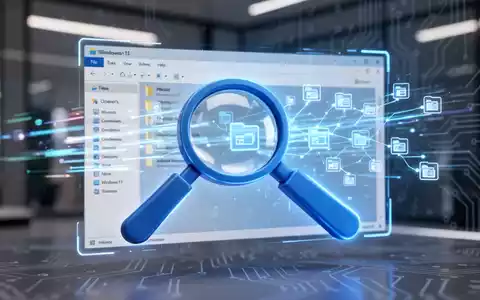 Leuchtend blaue Lupe über holografischem Windows-11-Datei-Explorer, symbolisiert verbesserte Dateisuche. - Foto: über boerse-global.de