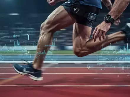 Nahaufnahme der Beine eines Läufers in Bewegung auf einer Leichtathletikbahn mit sichtbarer Smartwatch und Herzfrequenzmesser. - Foto: über boerse-global.de