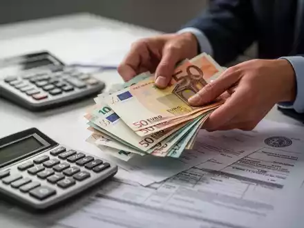 Eine Person zählt Euro-Banknoten, umgeben von einem Taschenrechner und Dokumenten, die finanzielle Anpassungen symbolisieren. - Foto: über boerse-global.de