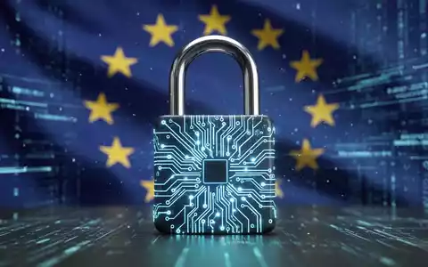 Leuchtendes digitales Vorhängeschloss für IoT-Sicherheit, mit dezenter EU-Flagge im Hintergrund. - Foto: über boerse-global.de