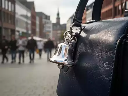 Nahaufnahme einer kleinen silbernen Glocke, die an einer dunklen Lederhandtasche befestigt ist, mit einer unscharfen Stadtszene im Hintergrund. - Foto: über boerse-global.de
