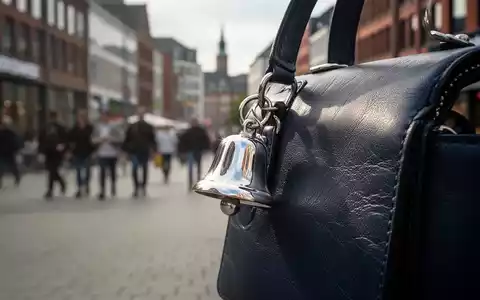 Nahaufnahme einer kleinen silbernen Glocke, die an einer dunklen Lederhandtasche befestigt ist, mit einer unscharfen Stadtszene im Hintergrund. - Foto: über boerse-global.de