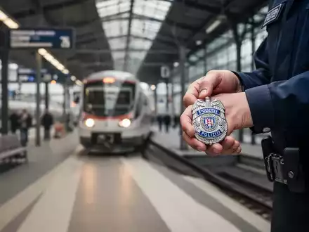 Eine Hand eines Bundespolizisten, die einen Dienstausweis vor dem verschwommenen Hintergrund eines belebten deutschen Bahnhofs zeigt. - Foto: über boerse-global.de