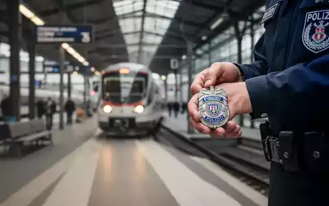 Eine Hand eines Bundespolizisten, die einen Dienstausweis vor dem verschwommenen Hintergrund eines belebten deutschen Bahnhofs zeigt. - Foto: über boerse-global.de