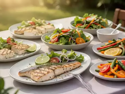 Ein leichtes, proteinreiches Gericht mit gegrilltem Fisch oder Tofu, Salat und Gemüse auf einem Tisch im Freien an einem Sommertag. - Foto: über boerse-global.de