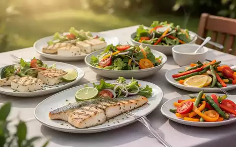 Ein leichtes, proteinreiches Gericht mit gegrilltem Fisch oder Tofu, Salat und Gemüse auf einem Tisch im Freien an einem Sommertag. - Foto: über boerse-global.de