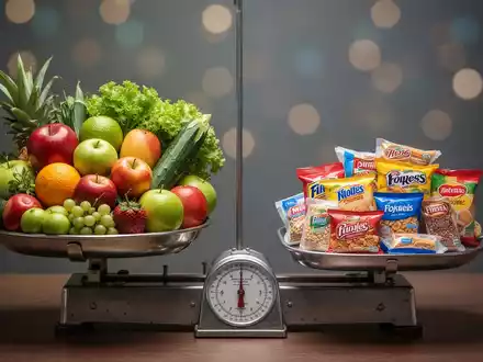 Eine Waage, auf deren einer Seite frisches Obst und Gemüse und auf der anderen Seite verarbeitete Lebensmittel liegen. - Foto: über boerse-global.de