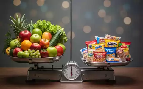 Eine Waage, auf deren einer Seite frisches Obst und Gemüse und auf der anderen Seite verarbeitete Lebensmittel liegen. - Foto: über boerse-global.de