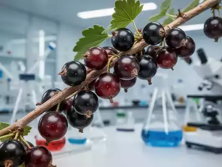 Nahaufnahme von reifen schwarzen Johannisbeeren an einem Ast mit verschwommenem Hintergrund, der ein Labor andeutet. - Foto: über boerse-global.de