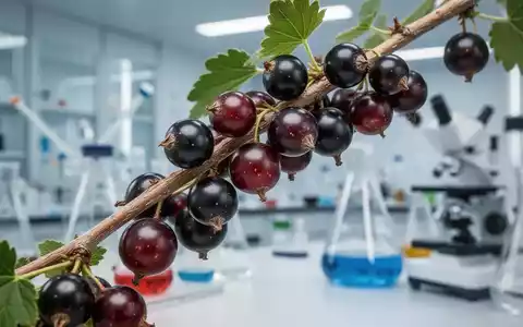 Nahaufnahme von reifen schwarzen Johannisbeeren an einem Ast mit verschwommenem Hintergrund, der ein Labor andeutet. - Foto: über boerse-global.de