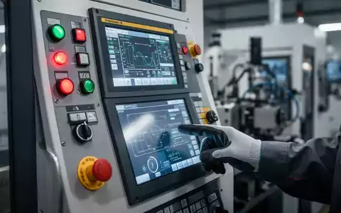 Nahaufnahme eines modernen Maschinenbedienfelds mit Knöpfen, Lichtern und einem Bildschirm in einer Industrieumgebung. - Foto: über boerse-global.de