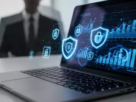 Nahaufnahme einer Laptoptastatur mit digitalen Sicherheits- und Risiko-Icons auf dem Bildschirm, im Hintergrund eine verschwommene Person. - Foto: über boerse-global.de
