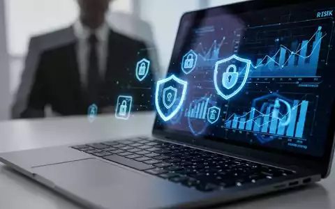 Nahaufnahme einer Laptoptastatur mit digitalen Sicherheits- und Risiko-Icons auf dem Bildschirm, im Hintergrund eine verschwommene Person. - Foto: über boerse-global.de