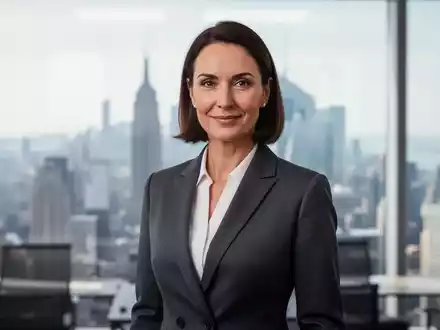 Eine selbstbewusste Frau in einem modernen Geschäftsanzug steht in einem Büro mit Blick auf eine Stadtkulisse. - Foto: über boerse-global.de