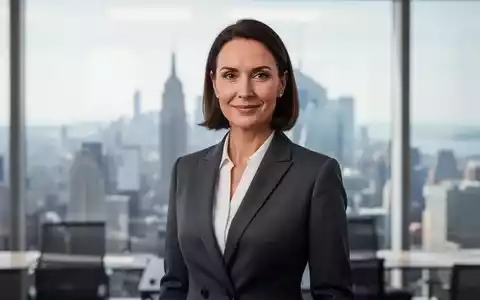 Eine selbstbewusste Frau in einem modernen Geschäftsanzug steht in einem Büro mit Blick auf eine Stadtkulisse. - Foto: über boerse-global.de
