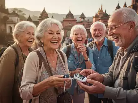 Senioren reisen, eine Frau überprüft diskret ihren Blutzuckerspiegel. Fokus auf die Freude am Reisen trotz Diabetes. - Foto: über boerse-global.de