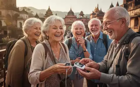 Senioren reisen, eine Frau überprüft diskret ihren Blutzuckerspiegel. Fokus auf die Freude am Reisen trotz Diabetes. - Foto: über boerse-global.de
