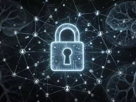 Digitales Vorhängeschloss-Symbol über komplexem Datennetz mit KI-Neuronalnetz-Mustern, symbolisiert Datensicherheit in KI. - Foto: über boerse-global.de