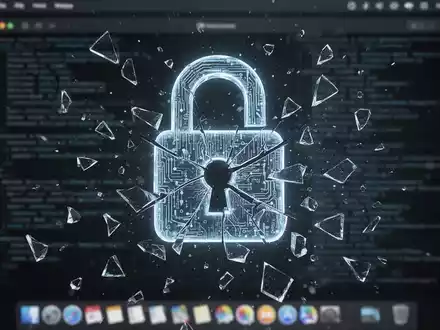 Ein leuchtendes, digitales Schloss-Symbol zerbricht in viele Teile vor einem verschwommenen macOS-Desktop mit Code-Fragmenten. - Foto: über boerse-global.de