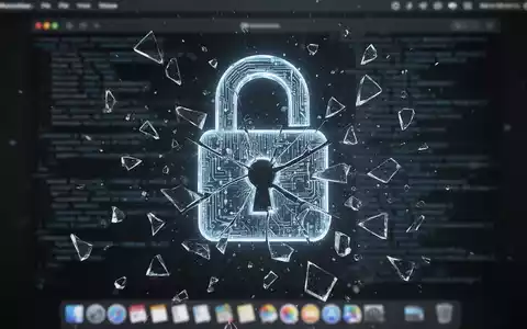 Ein leuchtendes, digitales Schloss-Symbol zerbricht in viele Teile vor einem verschwommenen macOS-Desktop mit Code-Fragmenten. - Foto: über boerse-global.de