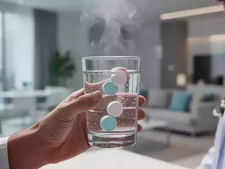 Eine Hand hält ein Glas Wasser mit sprudelnden Tabletten, Dampf steigt auf, im Hintergrund ein unscharfes Wohnzimmer. - Foto: über boerse-global.de