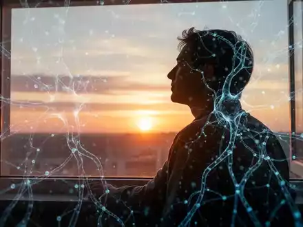 Eine Personensilhouette blickt aus einem Fenster auf einen Sonnenaufgang, überlagert von abstrakten neuronalen Netzmustern. - Foto: über boerse-global.de