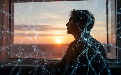 Eine Personensilhouette blickt aus einem Fenster auf einen Sonnenaufgang, überlagert von abstrakten neuronalen Netzmustern. - Foto: über boerse-global.de