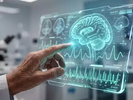 Nahaufnahme einer älteren Hand, die mit einem digitalen Bildschirm interagiert, der Gehirnscans und Schlafdaten anzeigt. - Foto: über boerse-global.de