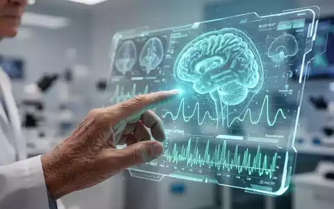 Nahaufnahme einer älteren Hand, die mit einem digitalen Bildschirm interagiert, der Gehirnscans und Schlafdaten anzeigt. - Foto: über boerse-global.de