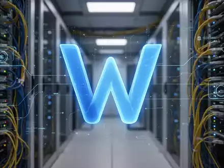 Stilisiertes leuchtend blaues 'W'- oder 'V'-Symbol vor unscharfem Hintergrund eines modernen Rechenzentrums mit digitalen Interface-Elementen. - Foto: über boerse-global.de