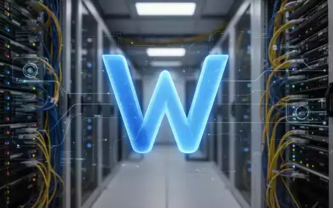 Stilisiertes leuchtend blaues 'W'- oder 'V'-Symbol vor unscharfem Hintergrund eines modernen Rechenzentrums mit digitalen Interface-Elementen. - Foto: über boerse-global.de