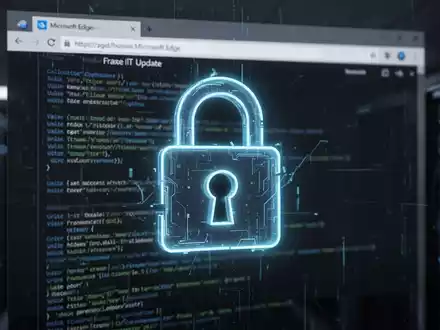 Glühendes Vorhängeschloss-Symbol über unscharfem Microsoft-Edge-Fenster mit gefälschter IT-Update-Seite, Symbol für Ransomware-Angriff. - Foto: über boerse-global.de