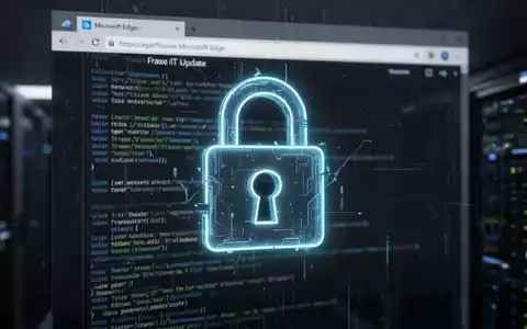 Glühendes Vorhängeschloss-Symbol über unscharfem Microsoft-Edge-Fenster mit gefälschter IT-Update-Seite, Symbol für Ransomware-Angriff. - Foto: über boerse-global.de