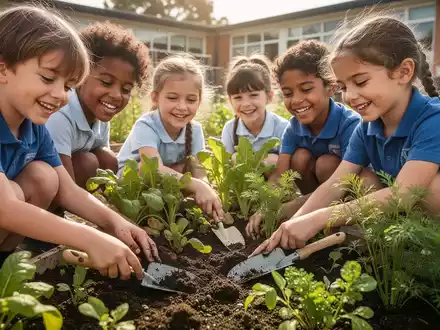 Kinder pflanzen Gemüse in einem Schulgarten, umgeben von Pflanzen und Sonnenlicht, im Rahmen eines Bildungsprogramms. - Foto: über boerse-global.de