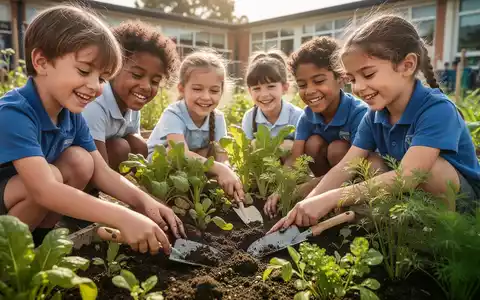 Kinder pflanzen Gemüse in einem Schulgarten, umgeben von Pflanzen und Sonnenlicht, im Rahmen eines Bildungsprogramms. - Foto: über boerse-global.de