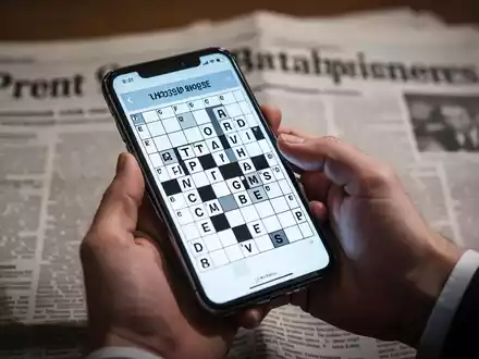 Eine Hand hält ein Smartphone mit einem digitalen Kreuzworträtsel; im Hintergrund verschwommen eine Zeitung. - Foto: über boerse-global.de