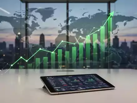 Ein stilisierter grüner Finanzgraph, der einen globalen Indexfonds darstellt, mit einem Smartphone im Vordergrund und einer Stadtansicht im Hintergrund. - Foto: über boerse-global.de