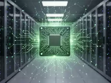 Leuchtender Mikrochip mit komplexer Schaltung, umgeben von digitalem Netzwerk-Overlay, in verschwommener Rechenzentrumsumgebung. - Foto: über boerse-global.de
