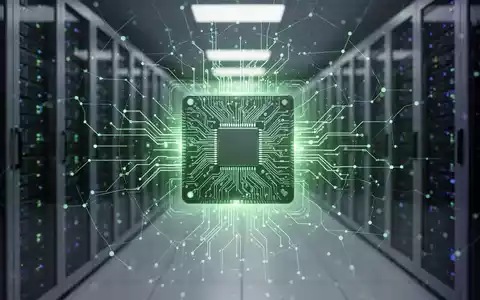 Leuchtender Mikrochip mit komplexer Schaltung, umgeben von digitalem Netzwerk-Overlay, in verschwommener Rechenzentrumsumgebung. - Foto: über boerse-global.de