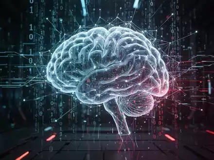 Glühendes digitales Gehirnnetzwerk mit Binärcode und Datenströmen, symbolisiert Malware und Datendiebstahl in dunkler, hochtechnologischer Umgebung. - Foto: über boerse-global.de