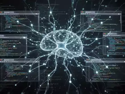 Abstraktes, leuchtendes neuronales Netzwerk verbindet Browserfenster und Codezeilen, symbolisiert KI-Entwicklung in Software. - Foto: über boerse-global.de